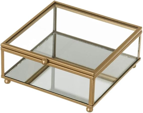 Joyero Caja de Cristal y Metal Dorada clásica, de 13x14x6 cm - LOLAhome: Amazon.es: Hogar