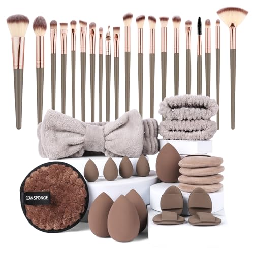 Vicloon Makeup Brush Set, 40 Pieces Professional Makeup Brush Set with Beauty Blender, Powder Puffs, Headband, Premium Brushes Set for Foundation Concealer Brown