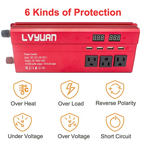 Cantonape 1000W/2000W(Surge) Car Power Inverter DC 12V to 110V AC with 4 Outlets, 4 USB Ports and Input/Output LED Display