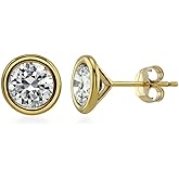 BERRICLE Sterling Silver Solitaire Bezel Set Round Cut Cubic Zirconia Stud Earrings, Unisex for Women/Men, Yellow Gold/Rhodium Plated, Small/Large CZ 4-9mm