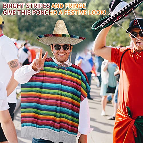 JaGely 4 Pcs Cinco De Mayo Mexican Fiesta Serape Poncho Fabric and Straw Sombrero Headbands Mexican Costume (Wide Brim)
