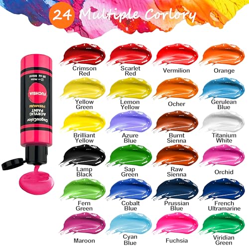 DagouColor 37 PCS Acrylic Paint - 24 Acrylic Colors (60ml) with 12 Brushes and 1 Palette, Art Gifts for Fabric Canvas, Stone, Acrylics for Painting for Beginner Artists