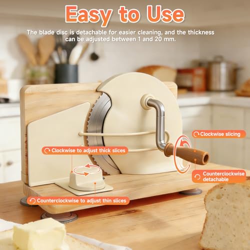 Manual Bread Slicer for Homemade Sourdough, Adjustable Thickness and Foldable Base, Stainless Steel Serrated Blade, with Engraved Scale Line Bread Guide Hand Crank Bread Cutter