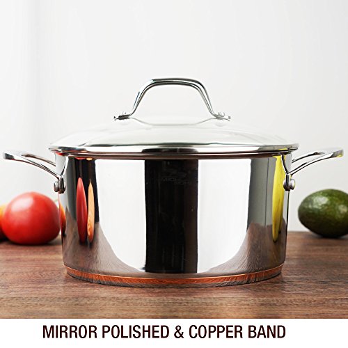HOMI CHEF Mirror Polished Copper Band NICKEL FREE Stainless Steel 4.5 Quart Stock Pot with Glass Lid (No Toxic Non Stick Coating, 9.5 Inch)