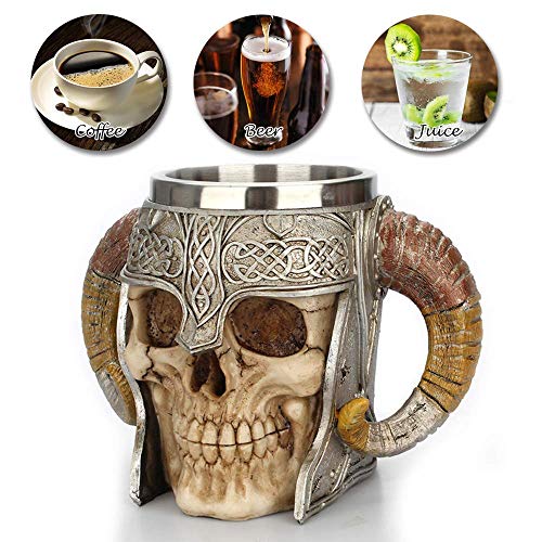 Taisuko mittelalterlicher Becher, Edelstahl-Widder Gehörnter Wikinger-Pirat gotischer Tankard-Becher, mittelalterlicher Skelett-Krug Stein für Bier Wein Kaffee Rum Trinkwasser - 500 ml (17 Unzen) – Bild 4