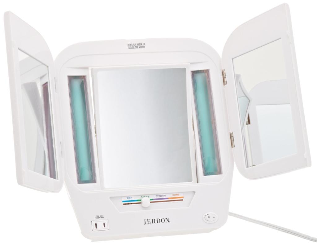Jerdon JGL10W Euro Tabletop TriFold TwoSided Lighted Makeup Mirror