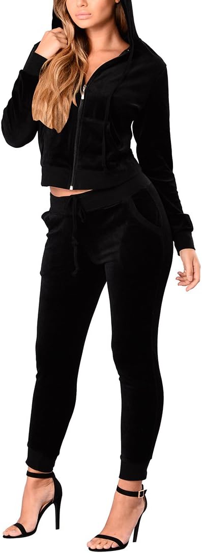 Women Zip up Hooded Jacket Long Pant Velvet Sweatsuits Tracksuits