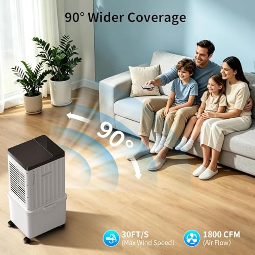 Portable Air Conditioner, Evaporative Air Cooler Fan with 10L Removable Water Tank, 3-in-1 Quiet Cooling with 4 Ice Packs & Timer, Low Noise Swamp Cooler for Home Bedroom Office