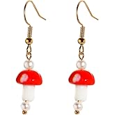 Cute Colorful 3D Simulation Mushroom Dangle Earrings With Pearl Drop - Creative Handmade Funny Food Vegetable Earrings for Women