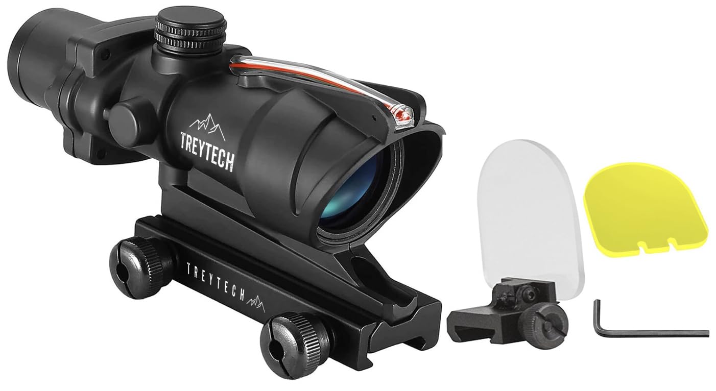TREYTECH 4x32 ACOG Red Chevron Fiber Scope With Glass Etched Reticle and Real Fiber Optics (Black) - Lens Protector Included