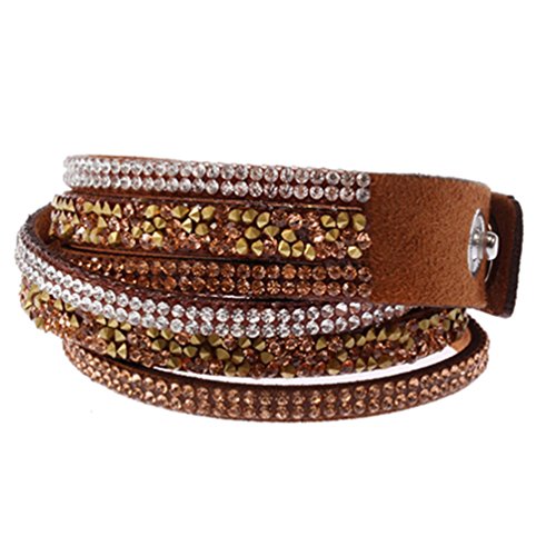 Ameesi Men's Women's Rivets Rhinestones Multi Layers Faux Leather Bracelet Bangle Snap - Coffee