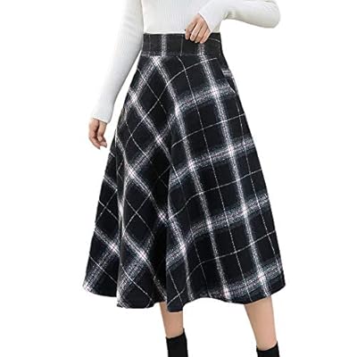 NREALY Skirts Womens High Elastic Waist Maxi Skirt A-line Plaid Winter Warm Flare Long Skirt