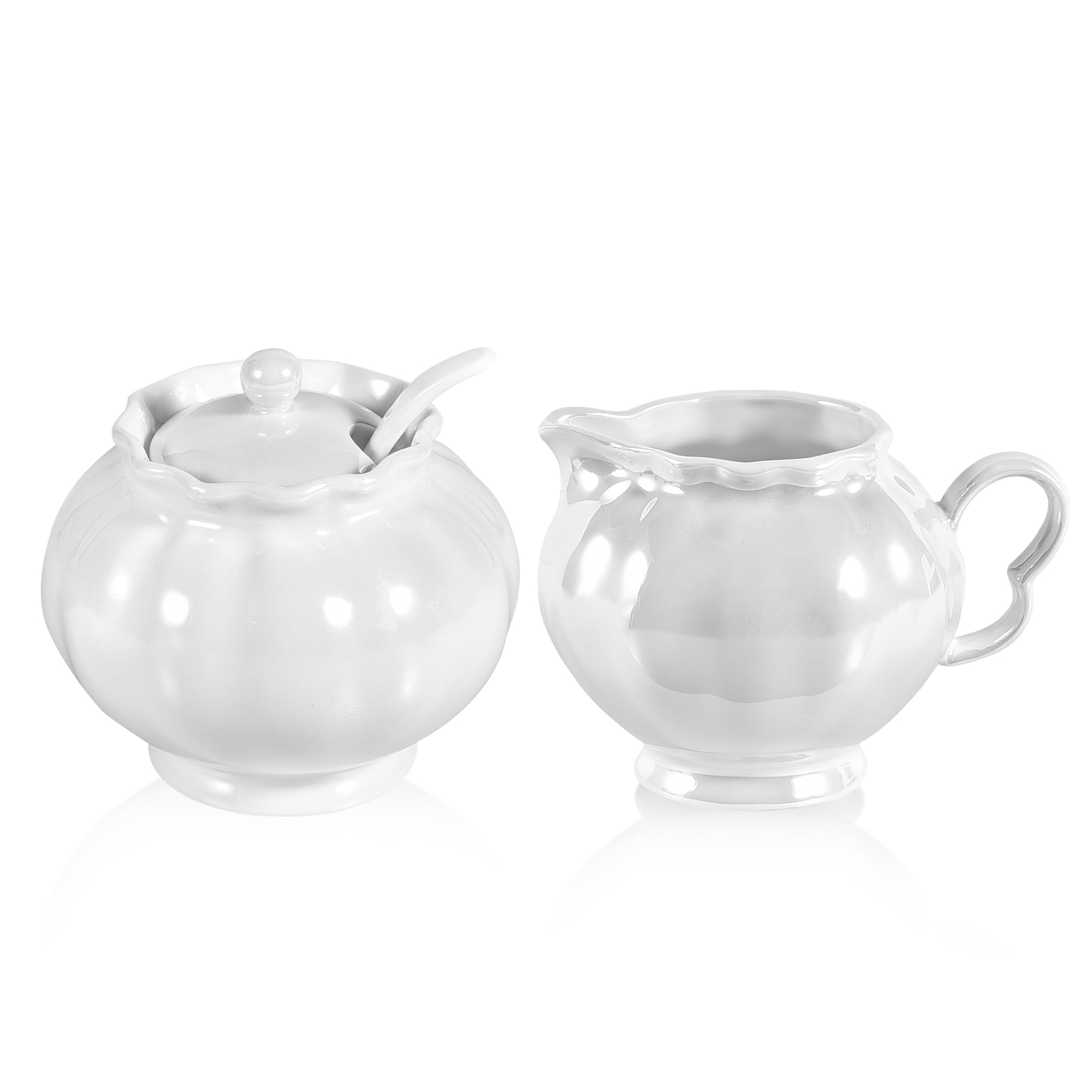 Photo 1 of Pearl Luster Sugar and Creamer Set, 8oz Cream Pitcher, 9oz Sugar Bowl with Lid and Spoon, Cream and Sugar Container, Elegant Kitchen & Home Decor, Gifts for Housewarming