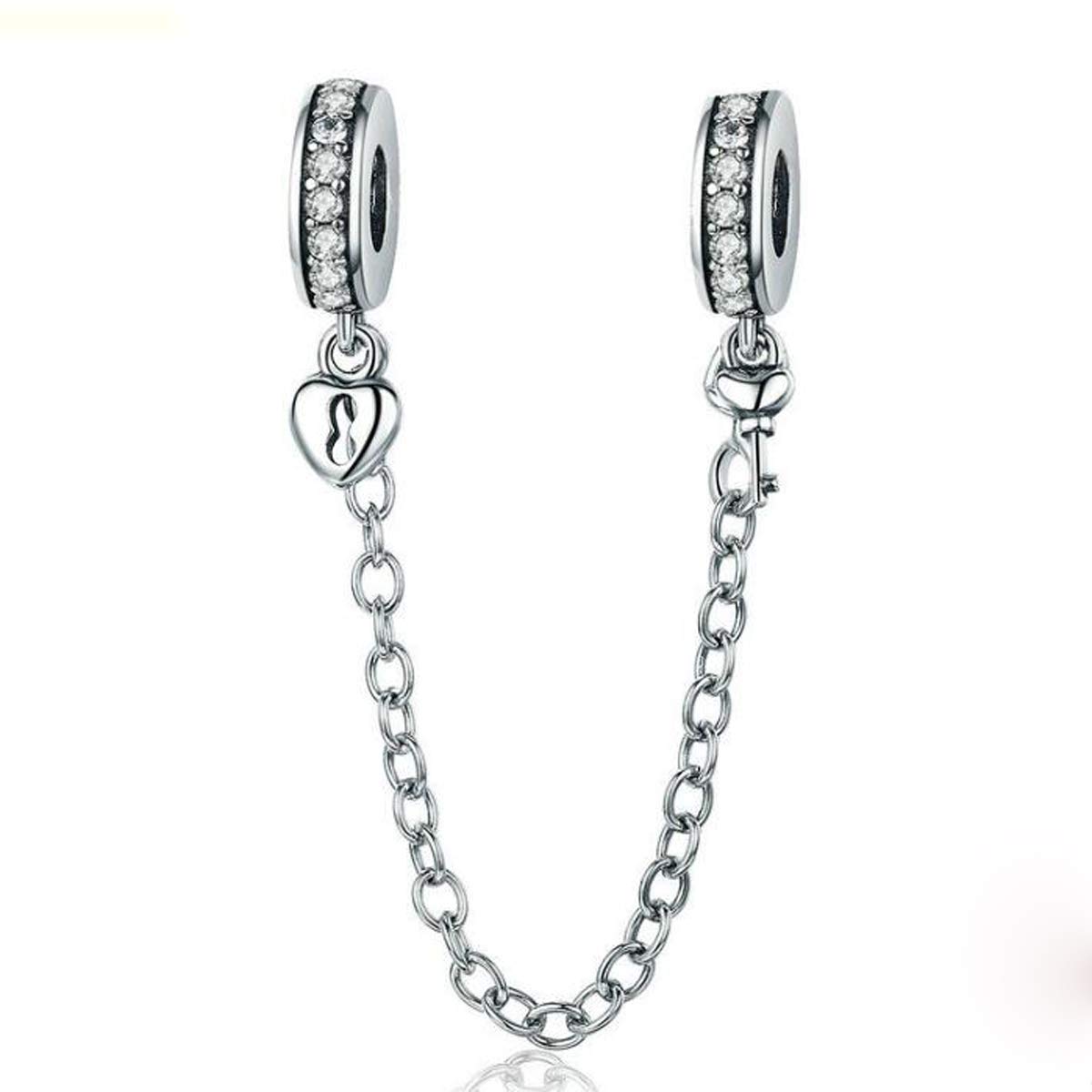 ZiNuo Charm Beads Love Heart Safety Chain 925 Sterling Silver Clip Lock Stopper Beads Safety Chain for Pandora Charm Bracelet DIY Jewelry (D)