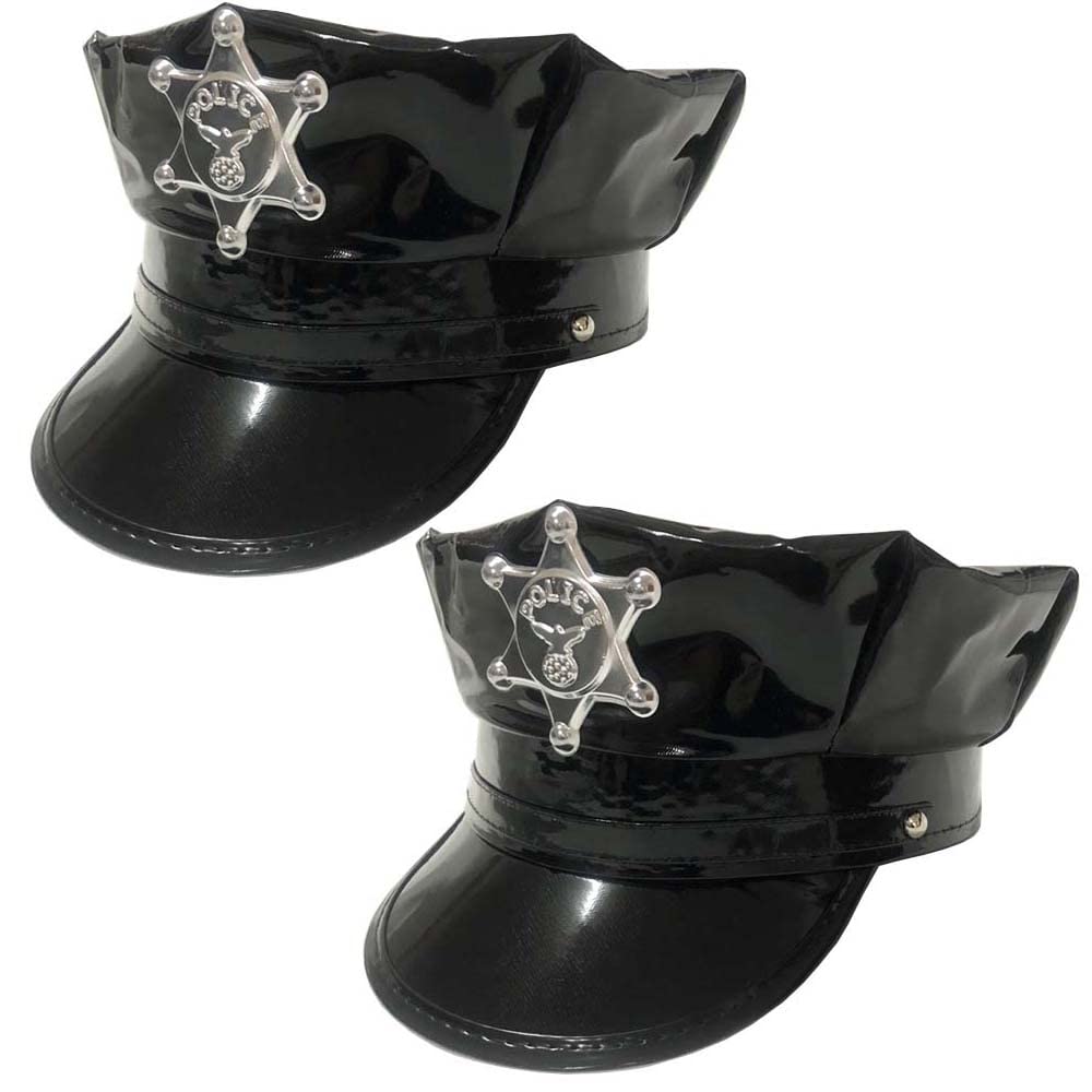 HPMAISON 2 Pieces Police Hat Outfit Accessory for Police Caps Costume Accessory Carnival Headdress Policeman Cosplay Dressing Up Police Officer Hat for Unisex Adults Halloween Hen Nights PU Leather