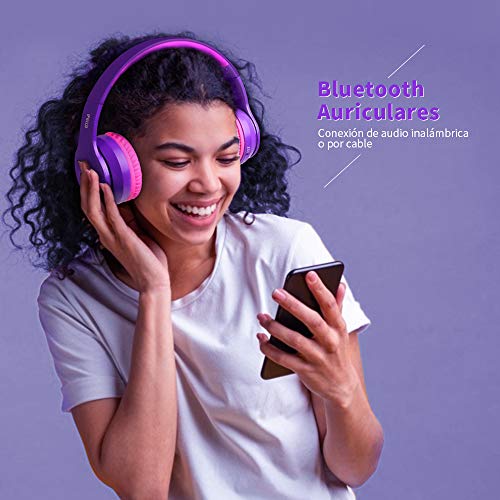 Ifecco Bluetooth Estéreo Auriculares Música sobre-oído Sonido de Alta fidelidad, Bluetooth Banda para la Cabeza Plegable con micrófono y Cable de Audio (Morado Oscuro)