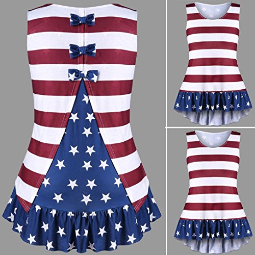 Howley Fashion Womens Plus Size American Flag Print Ruffles Bowknot Patriotic Tank Tops (2XL)