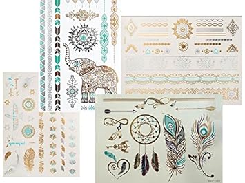 4 + 1 Bögen Metallic Tattoo Set Elli Türkis Flash Tattoo Aufkleber Hübsche Schmuck Tattoos