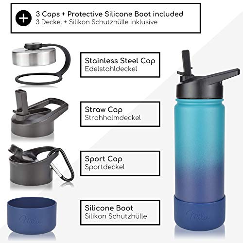 Milu Edelstahl Trinkflasche 500ml, 750ml, 1000ml (+3 Deckel) - Thermosflasche mit Strohhalm, Isolierte Wasserflasche, Auslaufsichere Isolierflasche doppelwandig, Kohlensäure geeignet (Grün Blau, 0,5L) – Bild 4