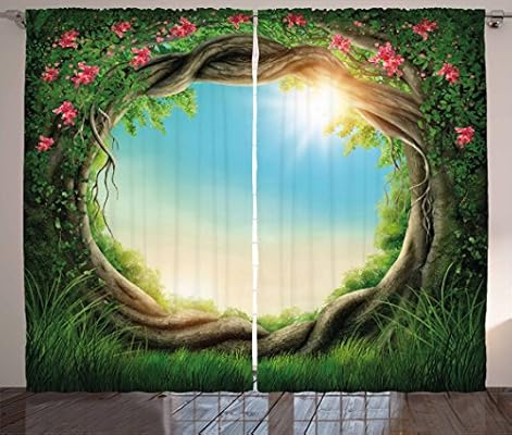 Ambesonne Tree Curtains Enchanted Forest In Spring Fresh Growth Foliage With Blossoms Fairytale Fantasy Living Room Bedroom Window Drapes 2 Panel