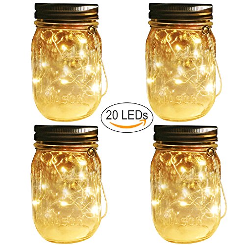 Solar Mason Jar Hanging Lights,4 Pack 20 LEDs (Mason Jar & Hanger Included) Warm White Waterproof Fairy Firefly Led String Mason Jar Lights,Best for Wedding Garden Patio Outdoor Solar Lanterns