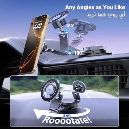 UGREEN MagSafe Car Mount Tesla Magnetic Car Phone Holder, [Upgraded 5-in-1 Tesla/Dashboard/Windscreen/Table], [360° Rotation Retractable Accessories], Fit for iPhone 17/16/15/14, Samsung S25/24/23