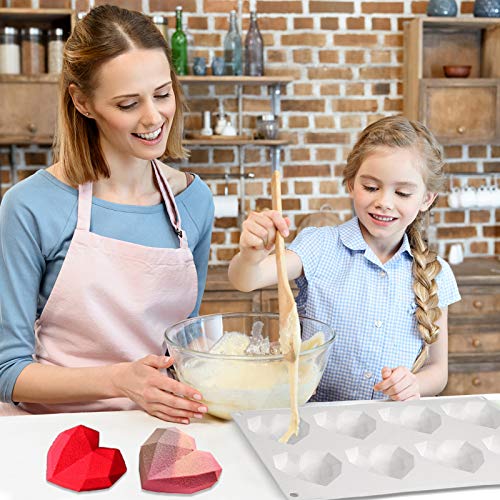 Diamond Heart Cake Mold Silicone Bakeware, Love Shaped Chocolate Molds, 2 Pieces Wooden Hammers, Non-Sticky Dessert Cookie Mold for Home Kitchen Valentine Mother\'s Day DIY Baking Tools