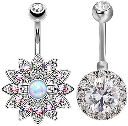 Han Jewelry 2PCS Stainless Steel Body Piercing Jewelry CZ Diamond Sun Flower Belly Button Rings