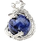 1 PCS Natural 15mm Crystal Gemstone Ball Pendant Wrapped Silver Alloy Dragon for Women Charm Jewelry Necklace (Sodalite)