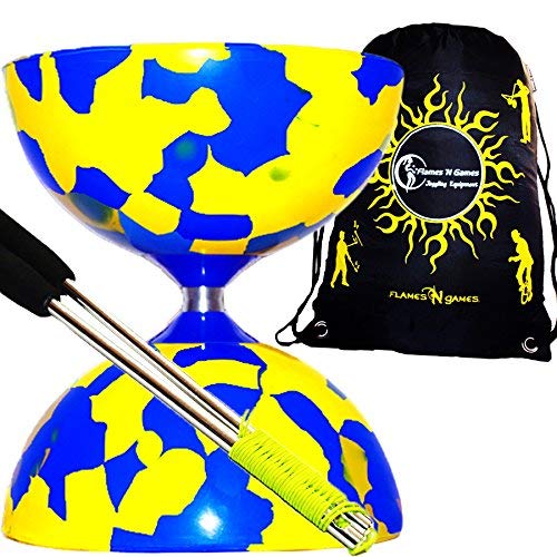 Jester Diabolos + Metal Diabolo Sticks, Diablo String & Travel Bag! (Yellow/Blue)