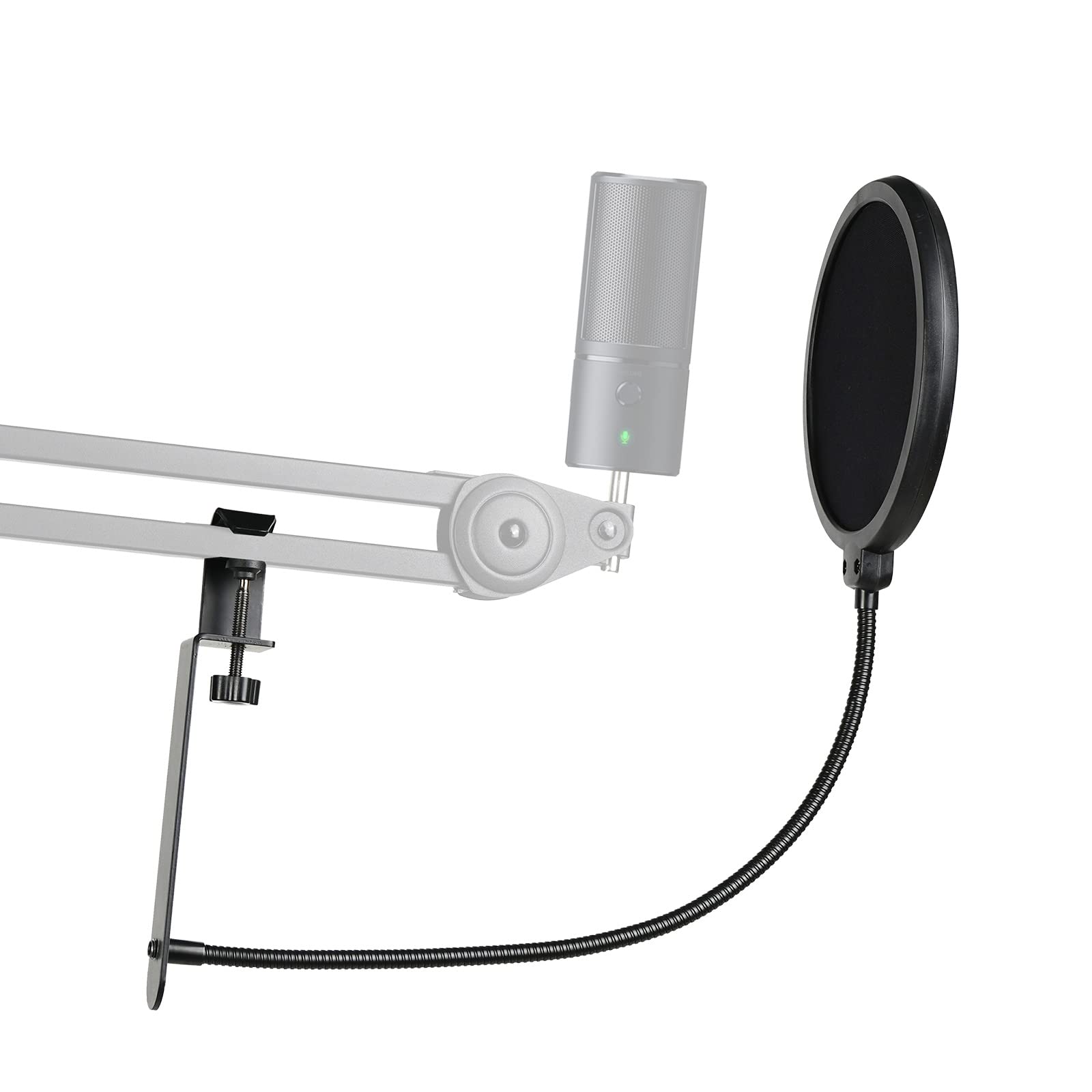 Geekria for Creators Mic Pop Filter Compatible with Razer Seiren X, Mini, V2 Pro, Elite, Emote Microphone Filter Shield with Metal Stabilizing Arm, Antipop Mask with C-Clamp (Size L)