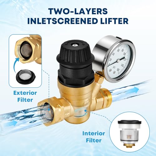 Kohree RV Water Pressure Regulator Valve, Adjustable Handle Brass Lead-Free RV Water Pressure Reducer with Gauge and 2 Inlet Screened Filters for RV Camper Travel Trailer Garden