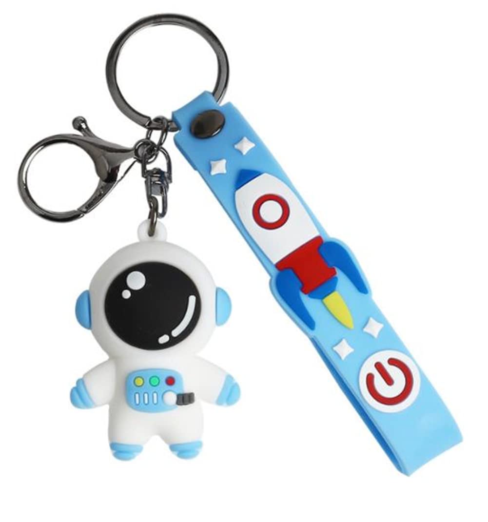 Cartoon Space Astronaut Rocket Planet PVC Keychain Cute 3D Spaceman Figure Lanyard Key Rings Purse Charms for Handbags Backpack (Blue)