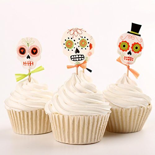 Fumee 24 Pieces Halloween Day Colorful Skull Cake and Cupcake Toppers, Decorations for Birthdays Party