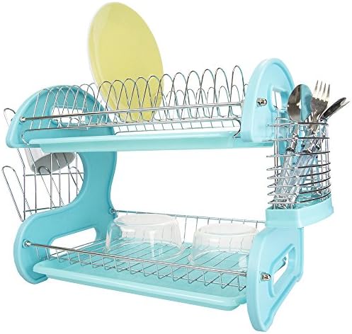 Home Basics Plastic, 2-Tier (Turquoise) Dish Drainer, 22.2″ x 10.6″ x 13.9″