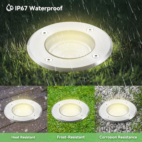 Recessed Outdoor Ground Spotlight for GU10, Goodia 4 Recessed Outdoor LED Spotlight IP67 Waterproof 3W 230V 3000K Warm White, Recessed Outdoor Patio Spotlight for Garden, Path, Park, Courtyard, Round