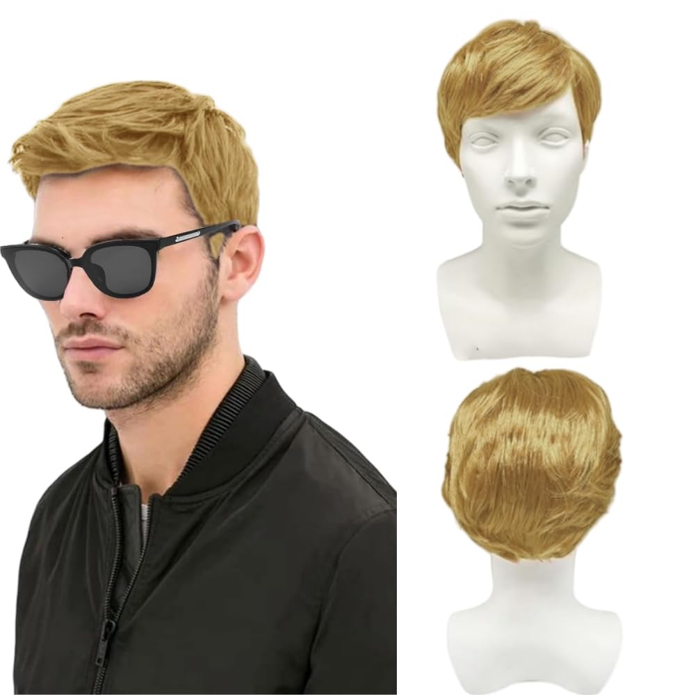 SDXCJY Mens Short Wig Gold Black Costume Wigs for Men 70s 80s Disco Short Curly Fluffy Cosplay,Mens Wigs for Daily Use Wigs Straight Wig Halloween Handsome (blonde)