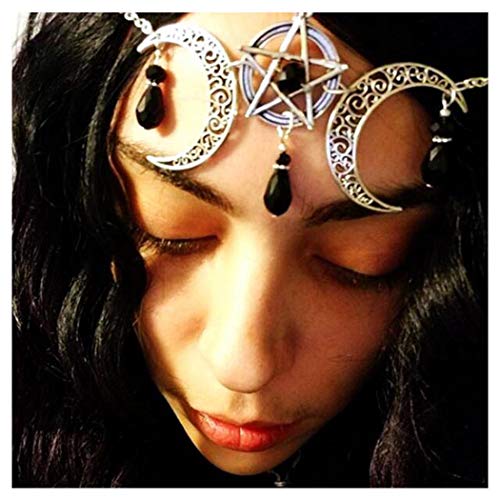 Tgirls Boho Pentagram Hair Chain Crescent Moon Head Chain Black Rhinestone Jewelry Headdress for Women and Girls - Thumbnail 7