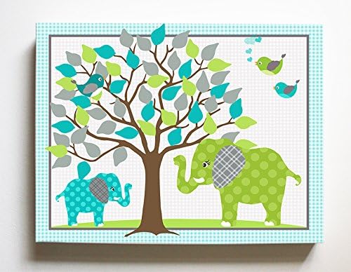Whimsical Elephant &amp; Lovebirds Garden - Checkerboard Stretched Canvas Nursery Decor - Wall Art That Makes a Memorable Baby Gift Idea 100% Wooden Frame Construction - Ready To Hang 11X14