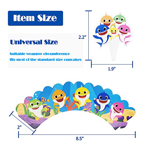 Bomcan 48 Pcs Baby Shark Cupcake Toppers and Wrappers, 24 Set Cute Shark Cupcake Liners & Decorations for 1st, 2nd Boys and Girls Birthday Party, Baby Shower, Shark Themed Party