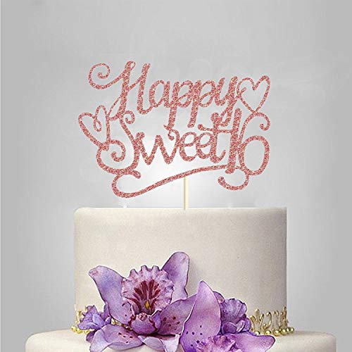 Set of 7 Glitter Rose Gold Happy Sweet 16 Cake Toppers Pack Star Cupcake Party Decor Decorations (D)