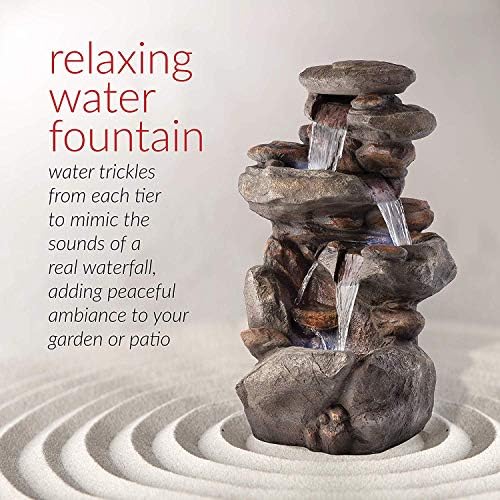 Backyard water fountain with doors setting, featuring a pump.