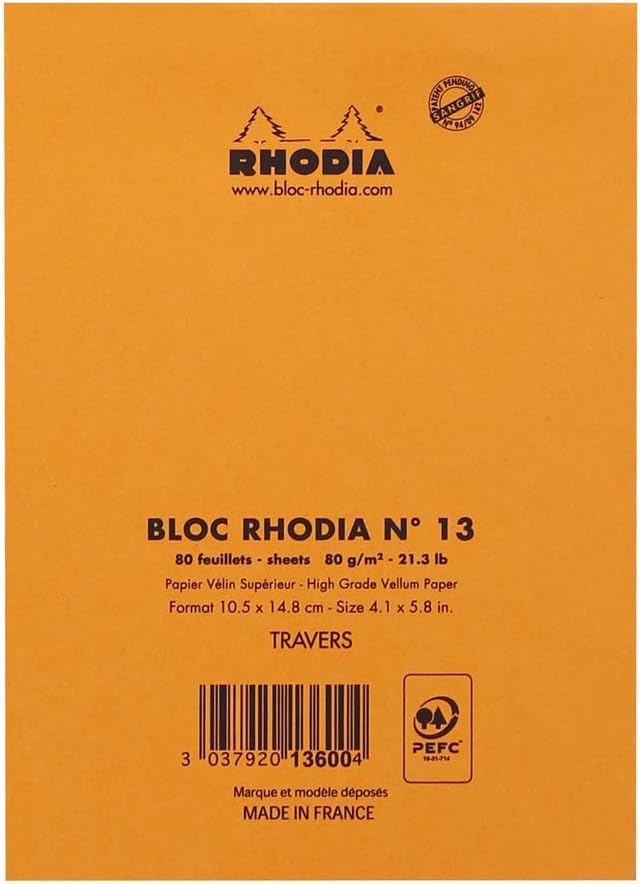 RHODIA 13600C, Stapled Notepad N°13 Orange, A6, Lined, 80 Detachable Sheets, White Clairefontaine Paper 80 g/m, Soft - Image 4