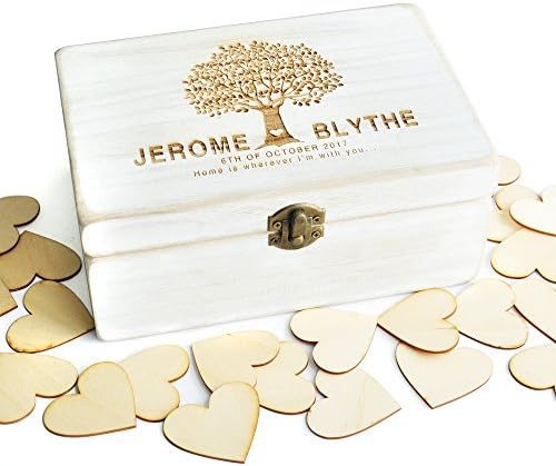 Personalized Wedding Guest Book, Rustic Wedding Guestbook, Custom Wooden Rectangle Keepsake Box with 100pcs Hearts