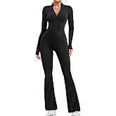 YEOREO Women Long Sleeve Flare Workout Jumpsuit Zip Up Romper Bottom Pants Wide Leg Bodysuit Bodycon Sexy One Piece