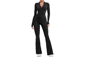 YEOREO Women Long Sleeve Flare Workout Jumpsuit Zip Up Romper Bottom Pants Wide Leg Bodysuit Bodycon Sexy One Piece