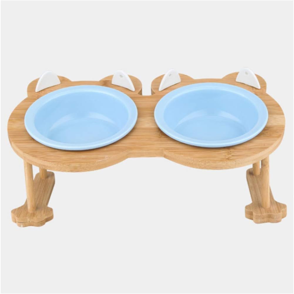 Ceramic Pet Bowl With Wood Stand Double Bowl Cat Ear,Puppy Cat Dog Pet
