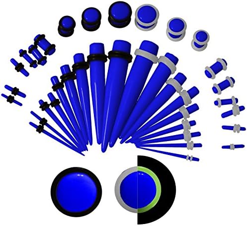 KingNQueen - 36 pc Set - Best Ear Stretching Tapers and Plugs Starter Kit - 00g to 14 gauges (1.6/2/2.5/3/4/5/6/8/10mm) - Stretch Earrings Men Jewelry (Dark Blue &amp; EXTRA Glow in Dark O-Rings)