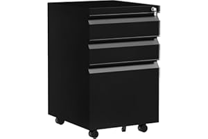 Vinsetto 3 Drawer File Cabinet with Lock, Steel Vertical Filing Cabinet with 5 Wheels and Hanging Bar for A4/Legal/Letter Siz