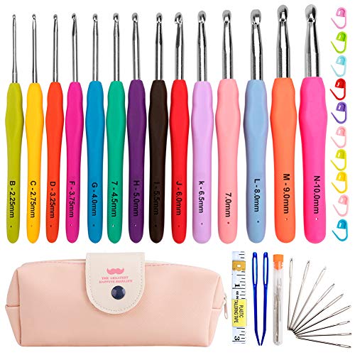 Pveath All-in-One Crochet Hooks Set, 14Pcs Full Size Soft Handles Knitting Needles Kit + 10Pcs Crochet Locks + 9 Large Eye Hand Sewing Hooks + Crochet Hook Case, for Adults Beginners